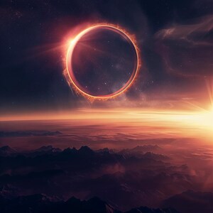May include: Digital artwork of a solar eclipse. A fiery orange ring encircles a dark disc against a starry sky. The foreground features a mountain range and a hazy, orange atmosphere, with a bright sunburst on the right.