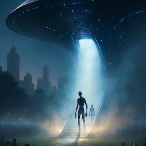 May include: A large, dark, disc-shaped spacecraft hovers above a city skyline, emitting a bright beam of light onto a ramp. Two slender, dark humanoid figures descend the ramp toward a crowd of people gathered in a park at twilight.