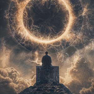 May include: A digital artwork shows a figure in a dark robe seated on a stone structure, looking towards a celestial, ring-shaped event. The background features swirling clouds and a dramatic, otherworldly atmosphere, with a palette of dark greys, browns, and golden hues.
