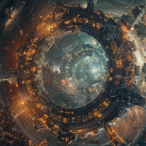 Puede incluir: Vista cenital de una estación espacial futurista, de diseño circular, con numerosas estructuras iluminadas y un núcleo central. La estación se encuentra sobre un fondo de nebulosa y estrellas, con un brillo cálido y dorado.