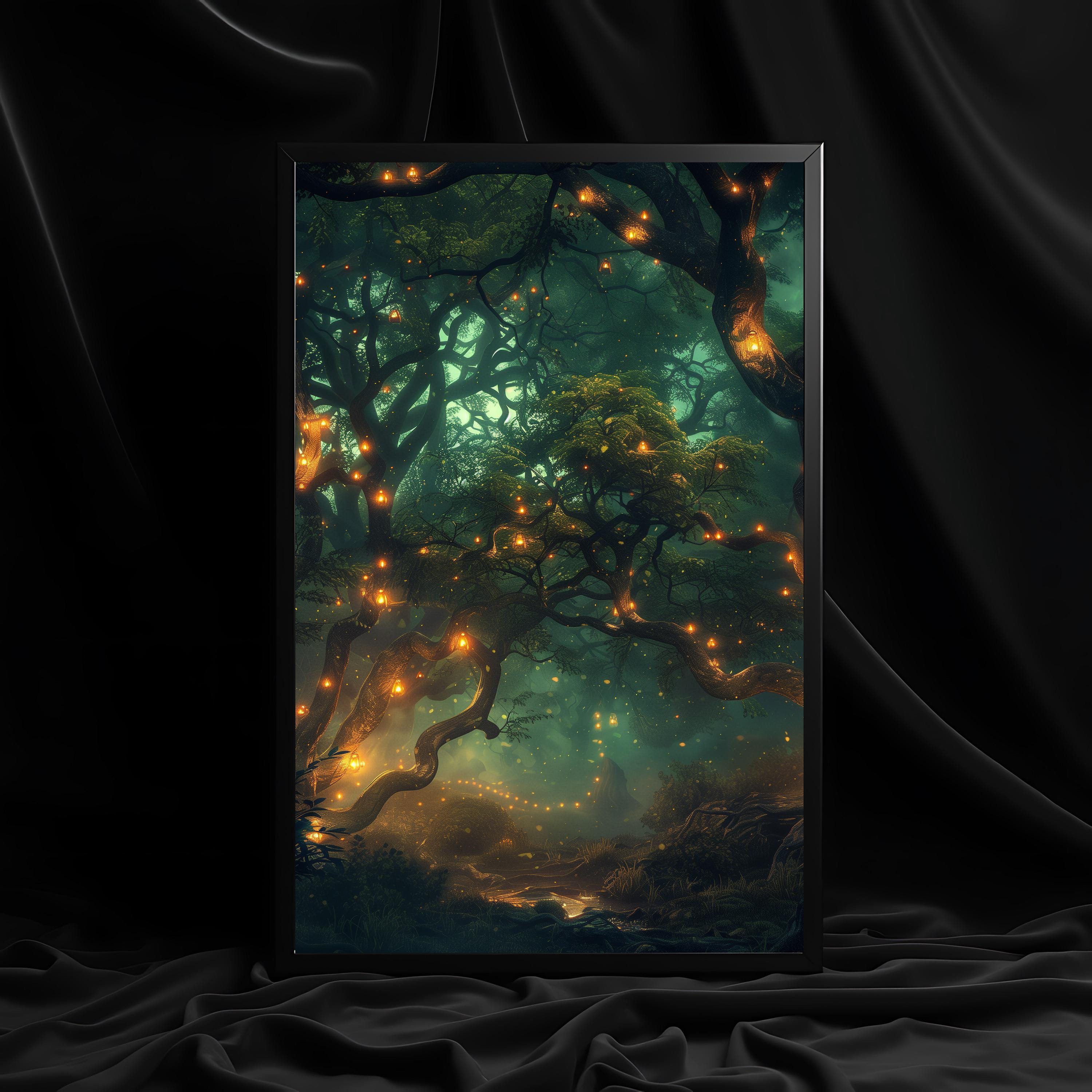 Enchanted Forest Poster, Lantern Tree Wall Art, Fantasy Woodland Decor ...