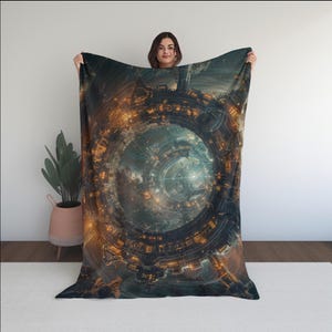 Puede incluir: Una manta grande y oscura con un diseño circular de una ciudad futurista, iluminada por luces naranjas y amarillas. La manta tiene un fondo celestial y está sostenida por una persona. El diseño es artístico y detallado.