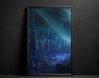 Póster impreso, Arte mural de horizonte urbano futurista / Ciudad orbital