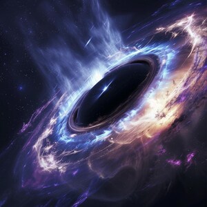 Puede incluir: Una representación artística de un agujero negro en el espacio. La imagen presenta un centro oscuro de forma ovalada, rodeado de energía cósmica arremolinada azul, púrpura y naranja. Estrellas y nebulosas llenan el fondo, creando una escena dramática y dinámica.