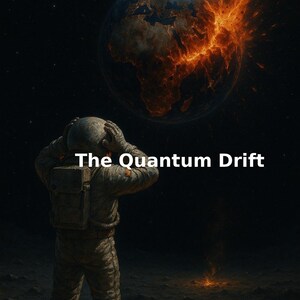 May include: An astronaut in a spacesuit stands on a moon-like surface, looking up at a fiery, exploding planet. The text "The Quantum Drift" is displayed in white. The background is a dark, star-filled space.