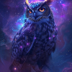 May include: A digital art illustration of an owl with a cosmic theme. The owl has blue and purple feathers, with bright orange eyes. The background is a swirling nebula of purple, blue, and pink, with sparkling stars.