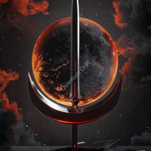 May include: A futuristic sword design with a black blade and a red glowing base. The sword is positioned in front of a planet with a fiery surface. The image includes the text "Quantum Drift". The background features a dark sky with stars and clouds.