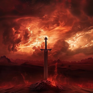 May include: A fantasy-themed image of a sword planted in a mound of earth, with a fiery glow at its base. The sky is filled with dramatic red and orange clouds, creating a dramatic and epic scene. The sword has a dark handle and a silver blade.