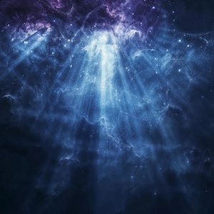 Op de afbeelding: Een digitaal kunstwerk dat een kosmische scène weergeeft. De afbeelding toont een diepblauwe en paarse kleurenpalet, met heldere lichtstralen die van bovenaf uitstralen en een sterrenhemel verlichten. Het algehele effect is een dramatische en etherische weergave van de ruimte.