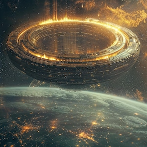 May include: A digital illustration of a large, ring-shaped space station with a glowing golden rim, hovering above a planet with city lights. The space station has intricate details and a futuristic design, set against a starry background.