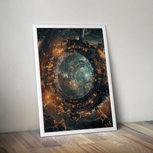 Puede incluir: Una impresión artística enmarcada que presenta una ciudad futurista circular con luces naranjas brillantes. La obra de arte representa una estructura detallada y de otro mundo con un vórtice central, sobre un fondo oscuro y estrellado. El marco blanco añade un borde limpio.