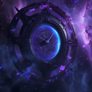 May include: A dark, circular space station with a clock face showing a blue planet. The station has intricate details and is surrounded by a nebula of purple and blue hues, with stars scattered throughout the background. The clock hands point to a specific time.