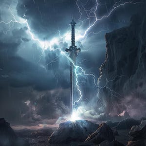 May include: A fantasy illustration of a sword standing upright, illuminated by a bolt of lightning. The sword is set against a stormy sky with dark clouds and more lightning strikes. The sword is on a rocky surface.