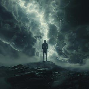 May include: A digital art piece depicts a silhouetted figure standing on a rocky outcropping, facing a dramatic sky filled with dark, swirling clouds and bright lightning strikes. The overall mood is one of power and impending storm.