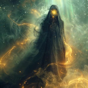 May include: Digital art of a hooded figure in a dark cloak, with a glowing golden face and accents. The background features swirling green and gold nebulas and scattered stars, creating a mystical atmosphere.
