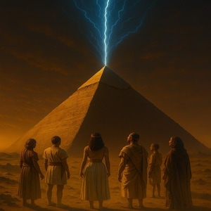 May include: A digital artwork shows a pyramid with a lightning strike emanating from its peak. Several figures in ancient clothing are in the foreground, looking towards the pyramid. The scene is set in a desert landscape with a warm, golden colour palette.