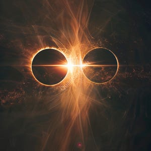 May include: Abstract digital art depicting two dark circles with bright orange and yellow light emanating from the center. The image has a dark background with swirling orange and yellow patterns, creating a celestial or cosmic theme.