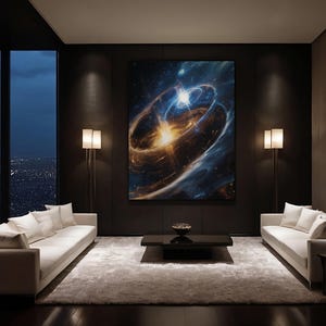May include: A large rectangular wall art piece featuring a vibrant cosmic scene with swirling golden rings and bright blue light against a dark space background, displayed on a dark wall between two floor lamps in a modern living room setting.