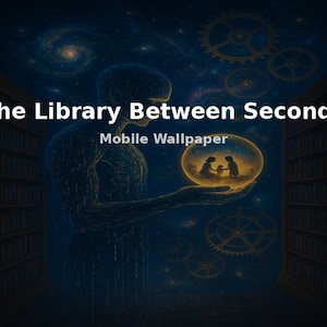 May include: Digital art mobile wallpaper featuring a figure holding a glowing orb with a family silhouette. The background shows a starry night sky, gears, and bookshelves. Text reads "The Library Between Seconds" and "Mobile Wallpaper."