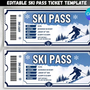 Puede incluir: Una plantilla de boleto de pase de esquí editable con un diseño azul y blanco, un esquiador en una montaña nevada, pinos y copos de nieve. El texto incluye "SKI PASS", "ADMIT ONE", "NAME: OLIVIA", "LOCATION: BEVERCREEK SKI RESORT", "DATE: JANUARY 26TH 2025", "TIME: 02:00PM TO 03:00PM" y "MESSAGE: HAPPY BIRTHDAY - WE LOVE YOU MOM & DAD".