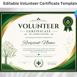 Puede incluir: Una plantilla editable de certificado de voluntariado con fondo crema y bordes curvos en verde oscuro y dorado. Incluye una ilustración de un árbol, un sello circular con manos y un corazón, y el texto Volunteer Certificate of Appreciation.