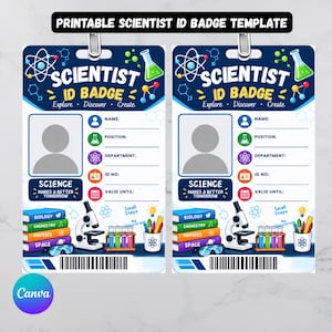 Puede incluir: Dos plantillas imprimibles de tarjetas de identificación de científico con un encabezado azul oscuro con el texto 'SCIENTIST ID BADGE', 'Explore Discover Create' y 'SCIENCE MAKES A BETTER TOMORROW'. Incluye campos para nombre, puesto, departamento, número de identificación y fecha de validez.