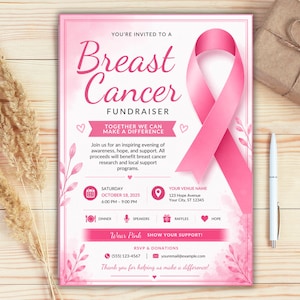 May include: A rectangular flyer for a Breast Cancer Fundraiser featuring a large pink ribbon, watercolor floral accents, and event details including the date October 18, 2025, time, venue, and contact information printed in pink and black text on a white background.