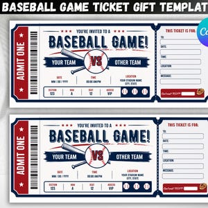Op de afbeelding: Een baseballwedstrijd ticket cadeau sjabloon met een rood, wit en blauw kleurenschema. Het ontwerp bevat een honkbal, knuppel en velden voor aan, datum, tijd, locatie en bericht. Tekst bevat ADMIT ONE, BASEBALL GAME en YOUR TEAM VS OTHER TEAM.