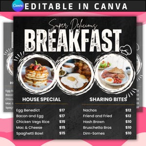 Può includere: Un menu per la colazione in bianco e nero con la scritta "Super Delicious BREAKFAST" in alto. Il menu presenta immagini di pancake, uova e un piatto di prodotti per la colazione. Il menu include le opzioni "House Special" e "Sharing Bites".