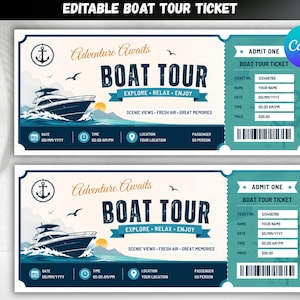 Peut inclure: Deux billets de croisière rectangulaires avec un schéma de couleurs bleu marine et sarcelle. Le design comprend un yacht à moteur, une icône d'ancre et le texte Adventure Awaits, Boat Tour, Explore, Relax, Enjoy et Admit One avec des champs vides.