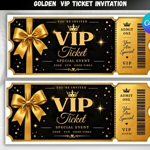 Puede incluir: Dos invitaciones rectangulares de entrada VIP con fondo negro y detalles dorados. Cada entrada muestra un gran lazo dorado, un icono de corona y el texto "VIP Ticket", "ADMIT ONE", "You Are Special" y "FOOD FUN GOOD VIBES".