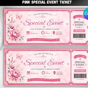 Puede incluir: Dos boletos rosas para eventos especiales con ilustraciones florales de peonías y mariposas. El texto dice You Are Invited To A Special Event, A Day To Celebrate, A Memory To Cherish, Admit One, Special Event y VIP Pass con un código de barras.