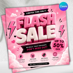 May include: A square promotional graphic with a pink background featuring the text FLASH SALE in large, fuzzy, 3D-style letters. The design includes lightning bolt icons, hearts, clouds, and a circular badge stating UP TO 50% OFF. Text includes LIMITED TIME ONLY, BIG DEALS, CRAZY DISCOUNTS, DON'T MISS OUT, and website details.