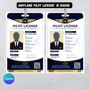 May include: Two identical navy blue and white aeroplane pilot licence ID badges featuring gold wings, a silhouette of a person in a pilot uniform, fields for personal information, a QR code, and the text Pilot Licence Civil-Aviation Authority.