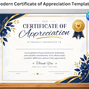 Pode incluir: Um modelo de certificado de agradecimento com detalhes florais em azul escuro e dourado, um selo dourado com um ícone de coração e o texto This Certificate of Appreciation is proudly presented to em reconhecimento ao seu trabalho.
