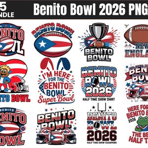 May include: A set of 15 Benito Bowl 2026 PNG designs. The designs include American footballs, helmets, and text in red, white, and blue. Some designs feature the text "Benito Bowl", "Super Bowl", and "Half Time Show Shirt".