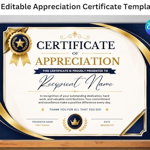 May include: An editable Certificate of Appreciation template featuring a navy blue and gold colour scheme. The design includes a gold star emblem, decorative borders, and text fields for recipient name, presenter name, title, and date on a white background.