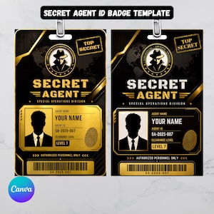 Puede incluir: Dos plantillas rectangulares de tarjetas de identificación de agente secreto en negro y oro. Cada una presenta la silueta de una persona con sombrero, el texto SECRET AGENT, SPECIAL OPERATIONS DIVISION, TOP SECRET, y campos para nombre, ID SA-2025-007 y nivel 7.