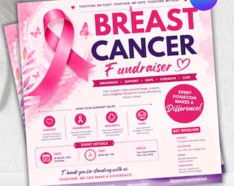 Editable Breast Cancer Fundraiser Flyer ,Canva Template, Charity Event Flyer, Awareness Fundraising Poster, Printable Digital Download