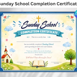 Puede incluir: Una plantilla de certificado de finalización de escuela dominical con fondo amarillo, una pancarta azul, una iglesia, un árbol y un libro abierto. El texto dice Sunday School Completion Certificate, This is to certify that, has successfully completed Sunday School and is growing in God's love and wisdom, Proverbs 22:6, Well done! Keep shining for Jesus!