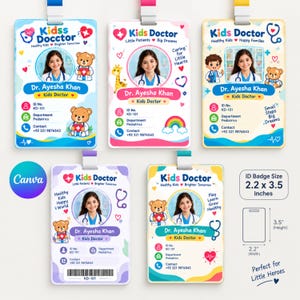 May include: Five rectangular ID badges for a kids doctor, each featuring a photo of a person in a white coat, a teddy bear illustration, and text including Dr. Ayesha Khan, ID No. KD-101, and contact details. The badges measure 2.2 by 3.5 inches.