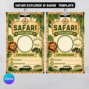 Könnte beinhalten: Zwei identische Safari Explorer Ausweisvorlagen mit einer Löwenillustration, einem Fernglas, einem Jeep und Dschungellaub. Der Text lautet SAFARI EXPLORER, ADVENTURE AWAITS, EXPLORER NAME, EXPLORER ID und EXPEDITION TEAM auf beigem Hintergrund.