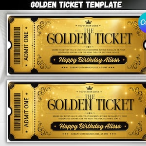 Vorlage für ein goldenes Ticket | Bearbeitbare Canva-Überraschungsgeschenkkarte | Individuelle Partyeinladung | Druckbare digitale Version des goldenen Tickets
