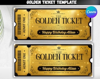 Plantilla de boleto dorado / Boleto de regalo sorpresa editable en Canva / Boleto de invitación de fiesta personalizado / Descarga digital imprimible del boleto dorado