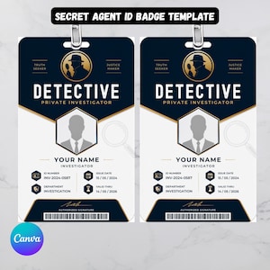 Puede incluir: Dos plantillas de tarjeta de identificación rectangulares verticales con un esquema de color azul oscuro y blanco. El texto dice SECRET AGENT ID BADGE TEMPLATE, DETECTIVE PRIVATE INVESTIGATOR, TRUTH SEEKER, JUSTICE MAKER, YOUR NAME e INV-2024-0587.