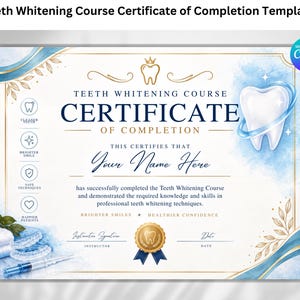 Op de afbeelding: Een rechthoekig sjabloon voor een certificaat van voltooiing voor een tandenbleekcursus. Het ontwerp bevat blauwe aquarelaccenten, gouden bladillustraties, een centraal tandicoon en de tekst "TEETH WHITENING COURSE CERTIFICATE OF COMPLETION".
