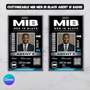 以下が含まれることがあります： MIB、Men in Black、Official Agent Identification、Agent X、Race Human、Rank Special Agent、Agent ID X07-07-1969の文字と、スーツとネクタイを着用した人物のポートレートが記載された、同一の黒いMen in BlackエージェントIDバッジ2枚。