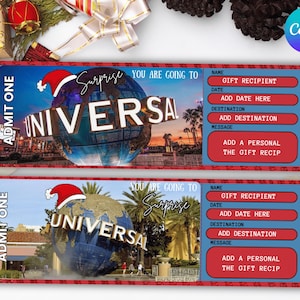 May include: Two red and blue Universal Studios gift tickets featuring a globe with a Santa hat. The tickets include fields for the gift recipient, date, destination, and a personal message. The word "Surprise" is in cursive.