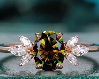 6x8mm Birthstone Ring green moissanite diamond 1.5CT Oval cut ring Vintage Cluster white moissanite 925 silver engagement ring Marquise ring