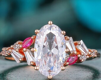 Oval Cut White Moissanite Engagement Ring Solid Rose Gold Band Vintage Red Ruby Accent Art Deco Bridal Promise Ring Anniversary Gift For Her